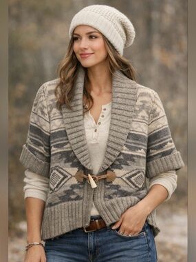 Ralph Lauren Taupe & Cream Shawl Collar Short-Sleeve Toggle Cardigan